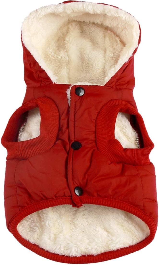 Vecomfy Extra Warm Fleece Lined Winter Hoodie for Small Dogs, Hooded Puppy Coats, Red, M | Fleece Lining Puppy Coat for Cold Weather, Soft Cozy, Windproof Doggie Clothes for Snow Play, Leash Hole for Daily Walk