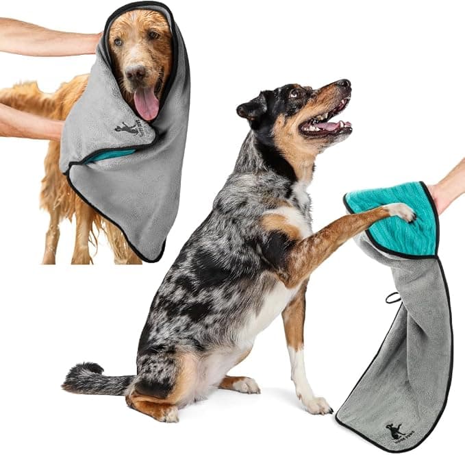 Microfiber Dog Towel & Paw Cleaner, Super Absorbent for Drying Dogs Large, Medium & Small, Quick Dry Pet Towels with Hand Pockets, Machine Washable, Hanging Loop (Medium)
