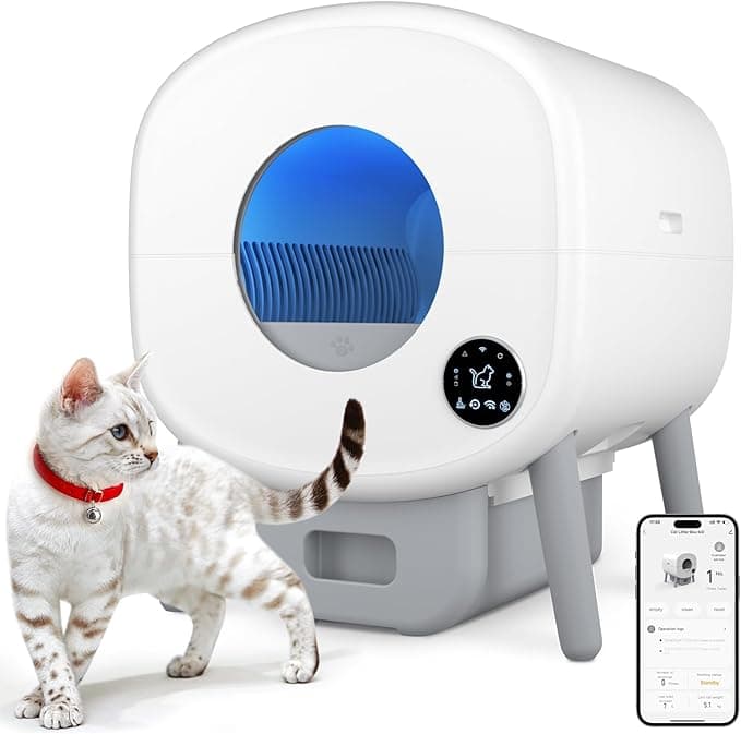 Cumrige Self Cleaning Litter Box, Large Capacity Automatic Cat Litter Box Self Cleaning for Cats, App Control, Safety Protection, 2 Roll Garbage Bags, White & Grey