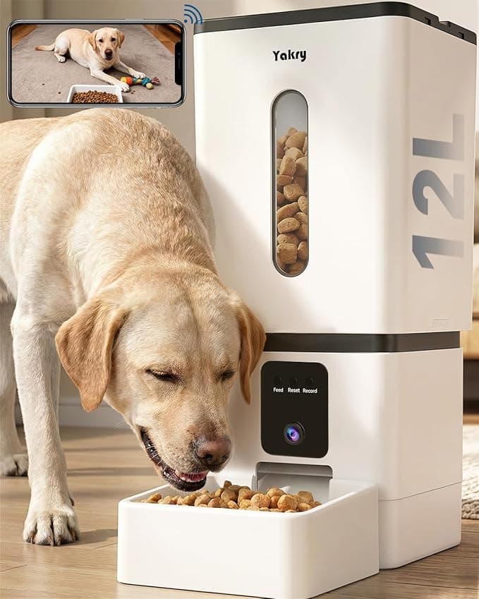 Automatic Dog Feeder Large Breed with Camera - 12L/50 Cups Anti-Clog Dog Food Dispenser for Kibble up to 20mm/0.78 in - WiFi App Scheduling & HD 1080P Camera for Remote Mealtime Check-Ins by Yakry