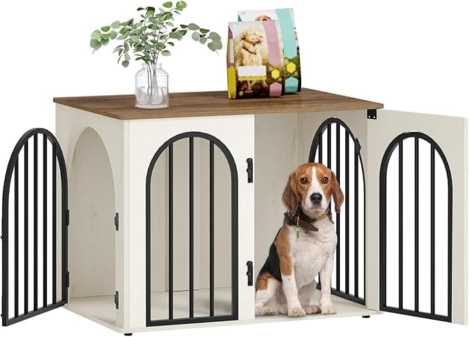 Hzuaneri 31.5'' Wooden Dog Crate Furniture, Indoor Dog Kennel Dogs Cage for Small/Medium Dogs, Heavy Duty Dog Crates Decorative Pet House End Side Table TV Stand, White Brown DFC85114B