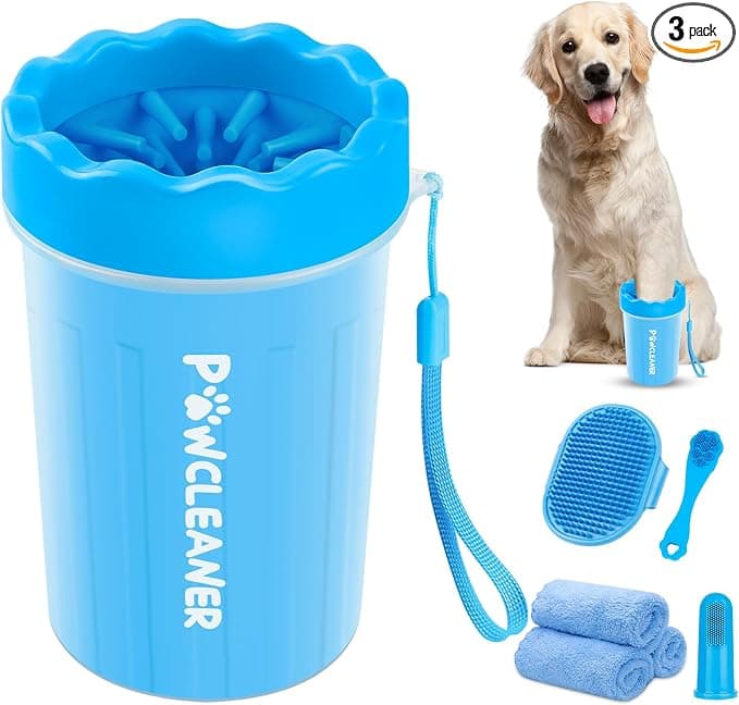 Professional 7 in 1 Dog Paw Cleaner for Dogs & Cats - Includes 1 Portable Paw Washer, 1 Bath Brush, 2 Dog Toothbrushes and 3 Absorbent Towels (Medium, Blue)