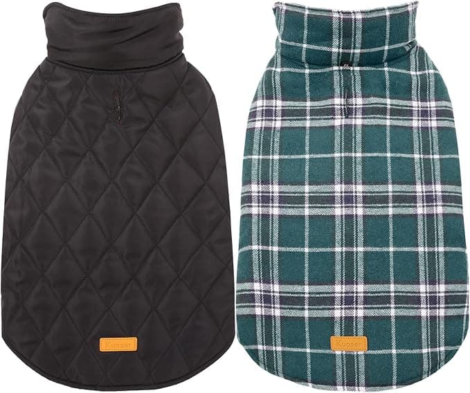 Kuoser Waterproof Winter Dog Coat, British Style Reversible Jacket, Plaid Dog Clothes, Cozy Snow Coat for Small Medium Large Dogs, Green, S | Adjustable Durable Doggie Winter Coat Warm Cozy Puppy Cold Weather Apparel from Small to Large Breed