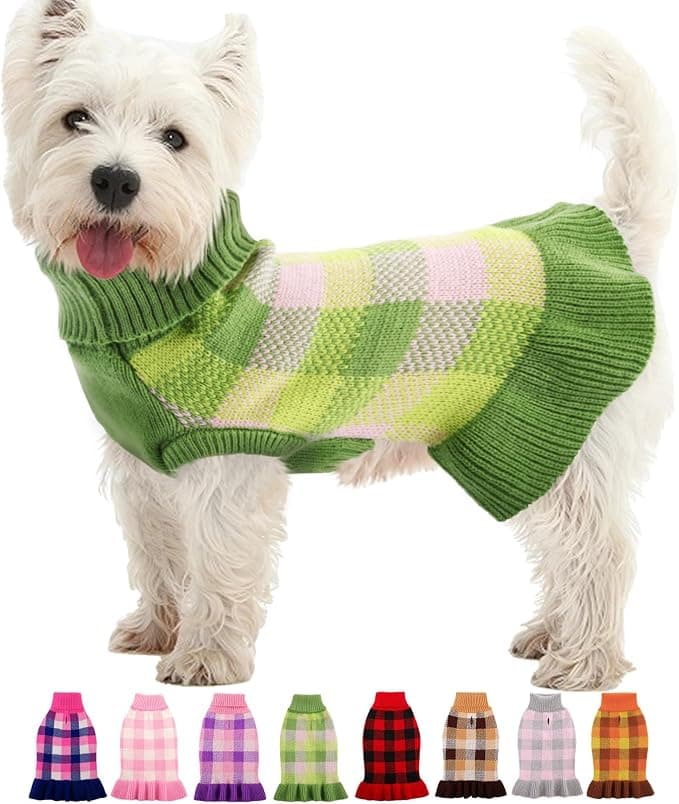 Dog Sweater Dress, Plaid Knit Clothes for Small Medium Dogs, Warm Turtleneck Elastic Cute Fall Winter Vest, Christmas Clothes with Leash Hole