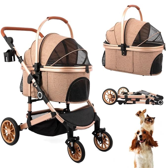 Bicystar Dog Stroller with Detachable Carrier, Rubber Wheels, 50 lbs, Tan, 3-in-1 Stroller and Car Seat, Real Solid Rubber Wheels, Fits 2 Small or 1 Medium Pet, Foldable Frame