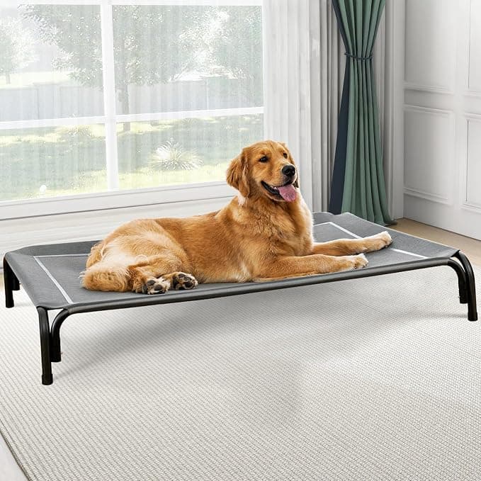 Czpalo Outdoor Elevated Dog Bed for Large Sized Dogs, No-Tool Assembly. Raised design promotes airflow. Tool-free assembly, easy-to-clean mesh, portable, with anti-skid feet. Indoor/outdoor use.