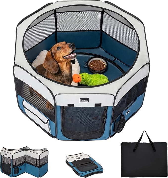 PETSFIT Portable Dog Playpen 36 Inch, Removable Waterproof Mat, Zippered Roof, 3-Second Setup, Collapsible Storage, RV Camping Travel, Indoor Outdoor Use, Medium Dogs and Cats