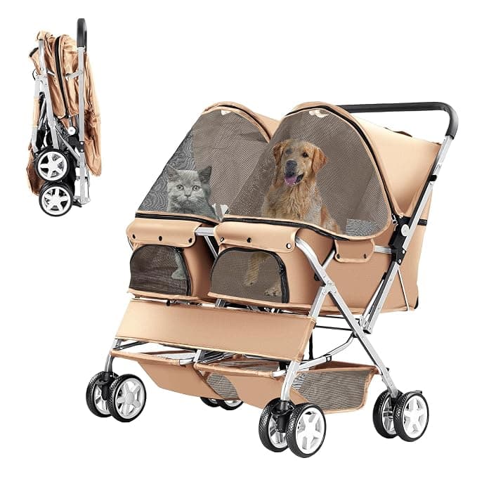 LPOTIUS Double Pet Stroller for 2 Dogs & Cats, Side-by-Side, Beige, Foldable Two-Seater with Separate Cabins, 44 lb Capacity, Dual Baskets and Safety Tethers for Walks, Travel and Vet Visits
