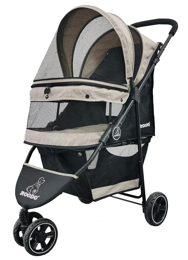 ROODO 3 Wheel Dog Pet Cat Stroller Lightweight Foldable Compact Portable Jogger All Terrain Travel Pet Gear for up to 30lbs Medium Small Dogs and Cats