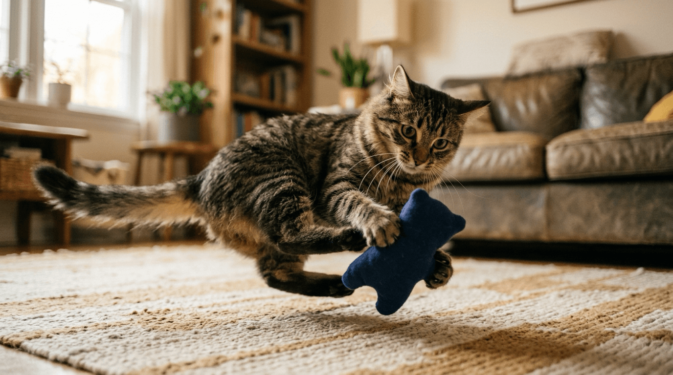 A cat mid-pounce grabbing a soft toy