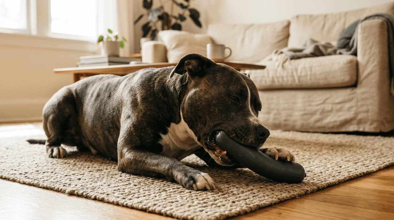 A power-chewer dog gnawing on a solid rubber chew toy