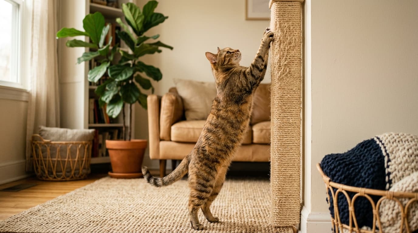 A cat stretching up to scratch a sisal-wrapped post