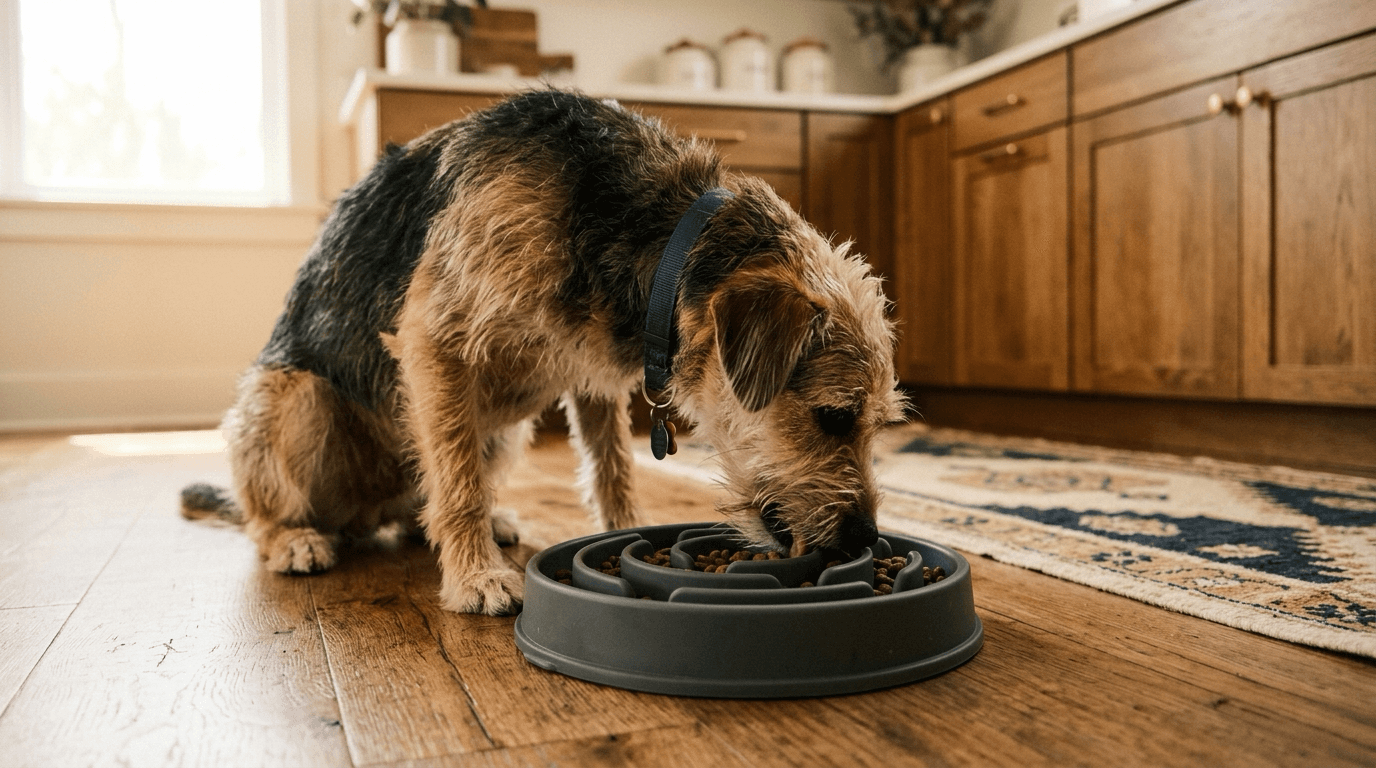 A dog eating kibble from a maze-pattern slow feeder bowl
