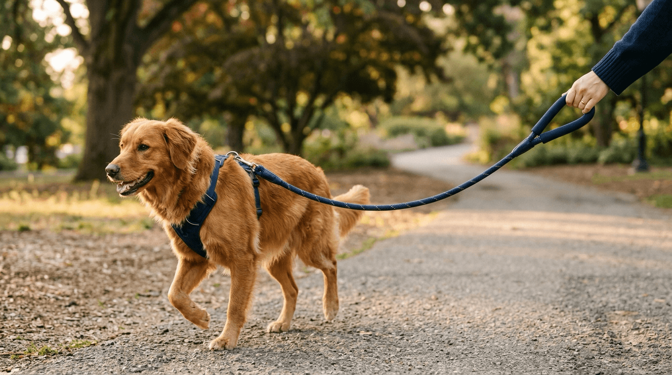 A dog walking on a leash and harness on a park path