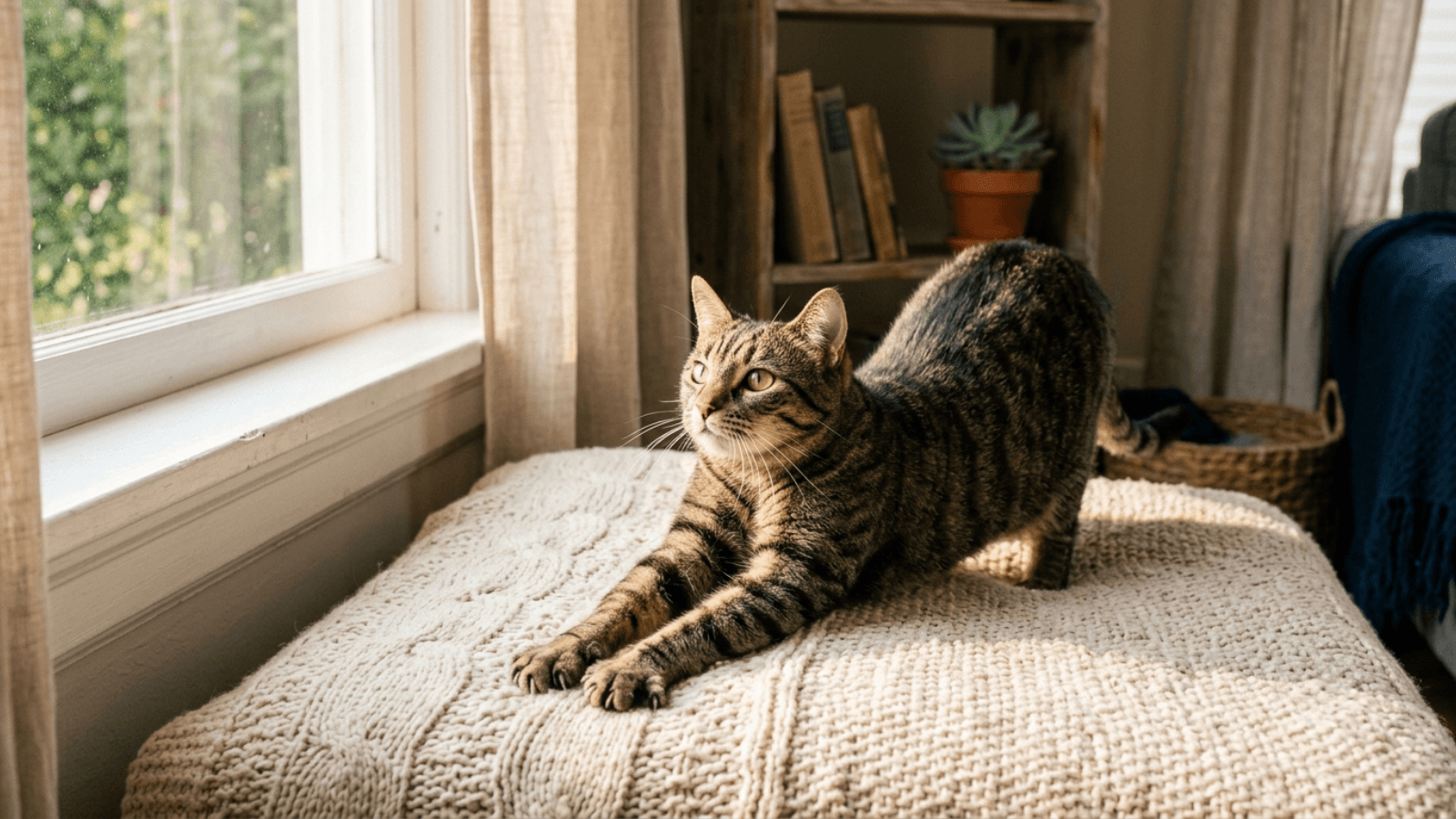 A cat stretching on a blanket by a window