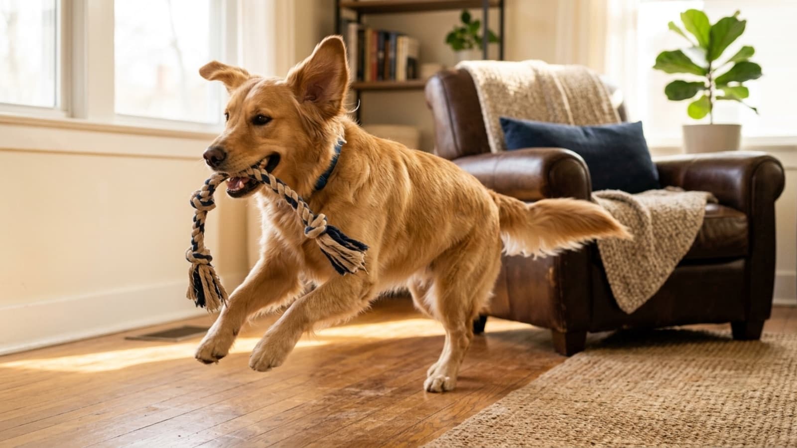 A golden retriever running through a sunlit living room with a rope toy