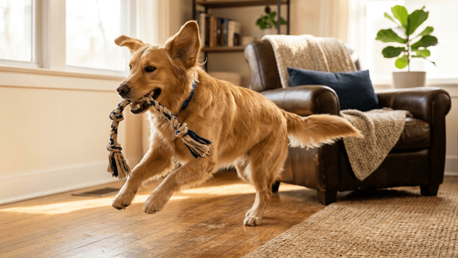 A dog playing with a rope toy at home