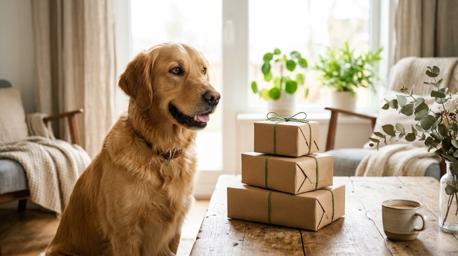 A golden retriever sitting beside a stack of kraft-paper wrapped gifts on a wooden table