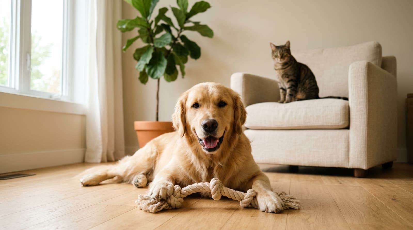 A golden retriever on a living room floor with a rope toy while a tabby cat watches from an armchair