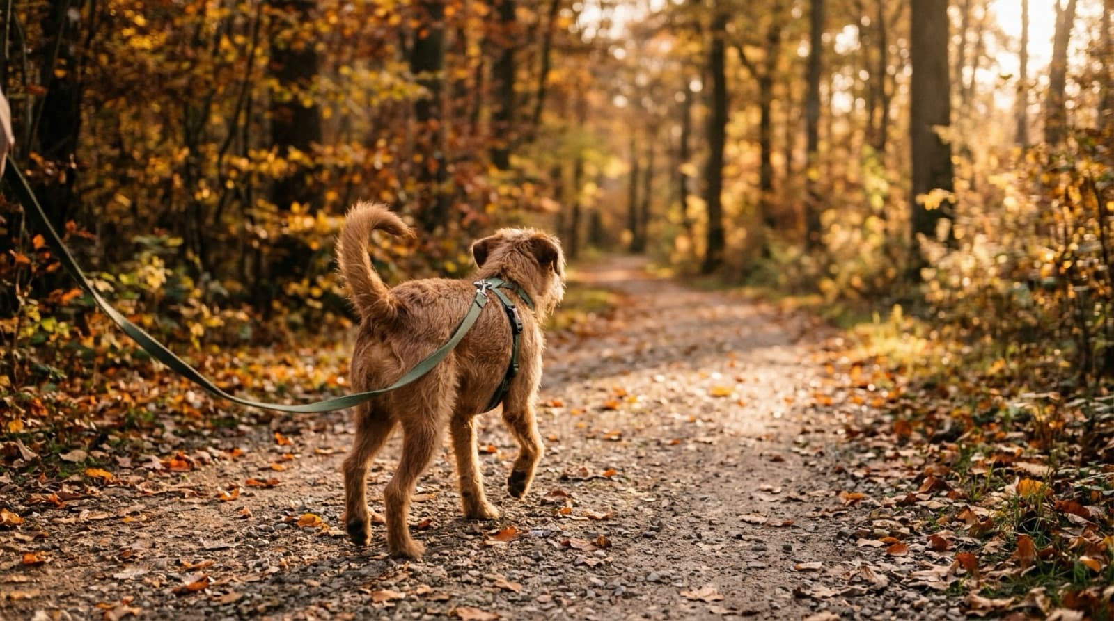A dog in a harness walking on a leash along an autumn forest path