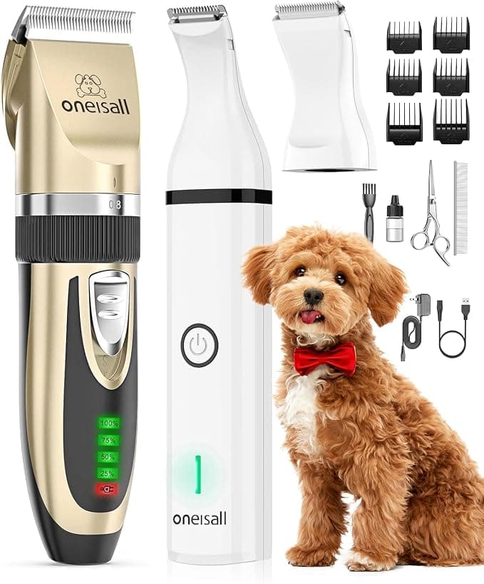 oneisall Dog Clippers and Paw Trimmer Kit for Small Large Dogs Cats | Low Noise, Powerful Motor, Cordless & Long Battery Life, Simple for Beginners, 6 Guide Combs, Removable & Rinsable Blade